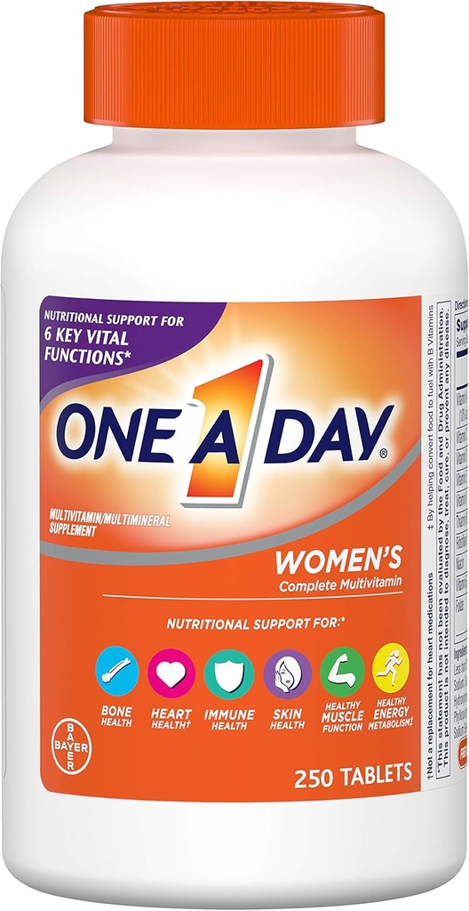 Un día Multivitamina femenina, Suplemento con Vitamina A, Vitamina C, Vitamina D, Vitamina E y Zinc para Immune Health Support, B12, Biotina, Calcio &amp; Más, Tablet, 250 cuentan