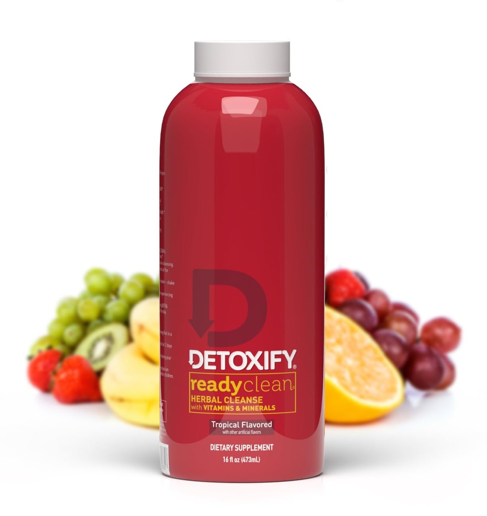 Detoxify – Ready Clean Herbal Cleanse – Tropical – 16 oz – Professionally Formulated Herbal Detox Drink – Enhanced with Milk Thistle Seed Extract & Burdock Root Extract – Plus Sticker.