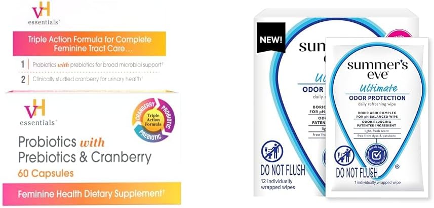 vH essentials Probiotics with Prebiotics and Cranberry 60 Capsules and Summer's Eve Ultimate Odor Control Feminine Wipes with Boric Acid 12 ct