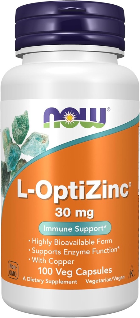 AHORA Suplementos de alimentos, L-OptiZinc® 30 mg con cobre, forma altamente biodisponible, soporte de inmuno*, 100 cápsulas de verduras
