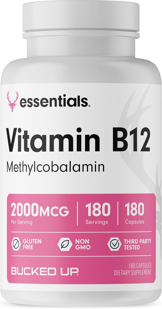 Vitamina B12 2000mcg - Methylcobalamin, Essentials (180 Servings, 180 Capsules)