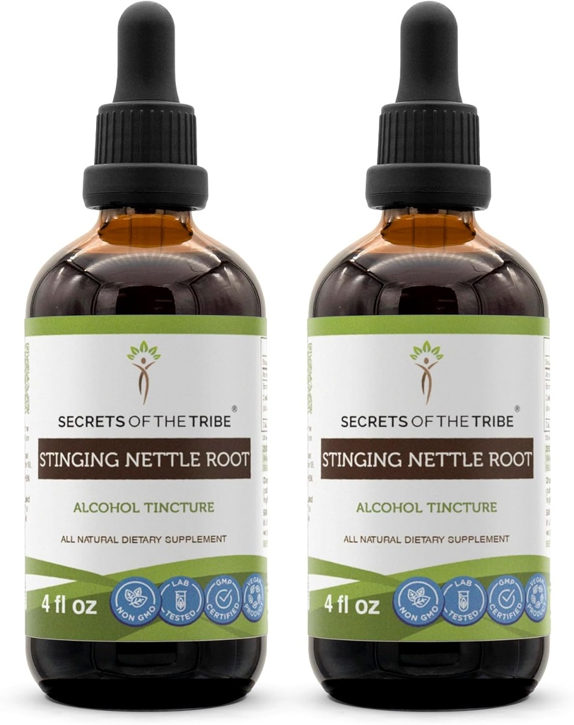 Secretos de la tribu Stinging Nettle Root Tincture Extracto de alcohol, gotas herbales de alta potencia, Tintura Hecha de Stinginging Nettle Urtica Dioica Respiratory and Urinary System Health 2x4 oz