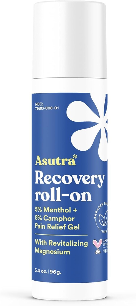 ASUTRA Recovery Roll-On Gel, 3.4 oz - Cooling and Warming Sensation, Temporary Relief from Muscle Discomfort and Soreness, Mess-Free Applicator, Menthol, Camphor y Premium-Quality Magnesium