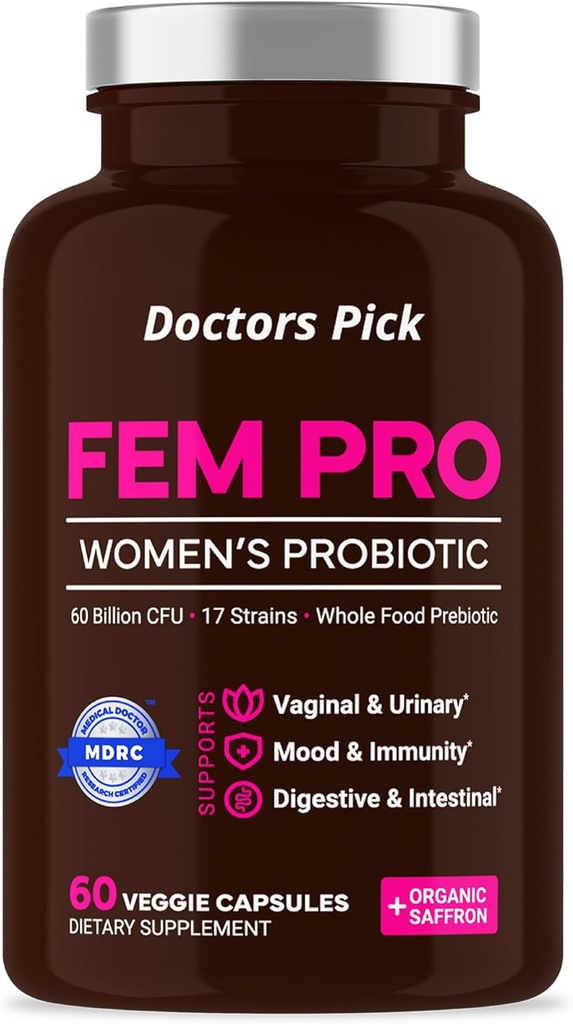 Fem Probióticos para Mujeres. 17 Efectos clínicos para el apoyo vaginal, digestivo e inmunitario, salud del tracto urinario, equilibrio de pH y humedad. 60 cápsulas vegetarianas, suministro de 2 meses