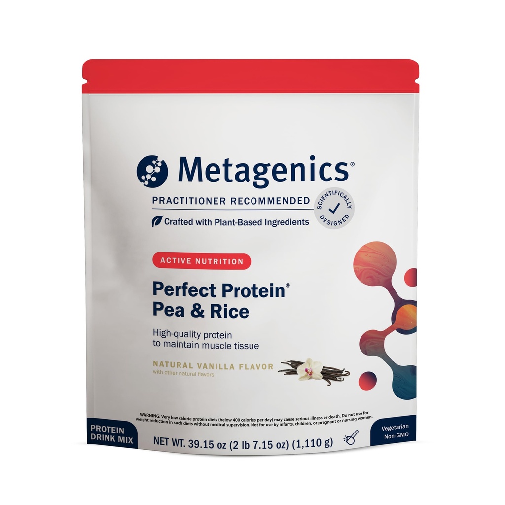 Metagenics Perfect Protein Pea &amp; Rice - Polvo Proteína de base vegetal con 20g Proteínas &amp; 3.5g BCAAs - Apoya el crecimiento muscular " Recuperación - No GMO, libre de gluten, libre de lácteos - Vainilla - 30 Servimientos