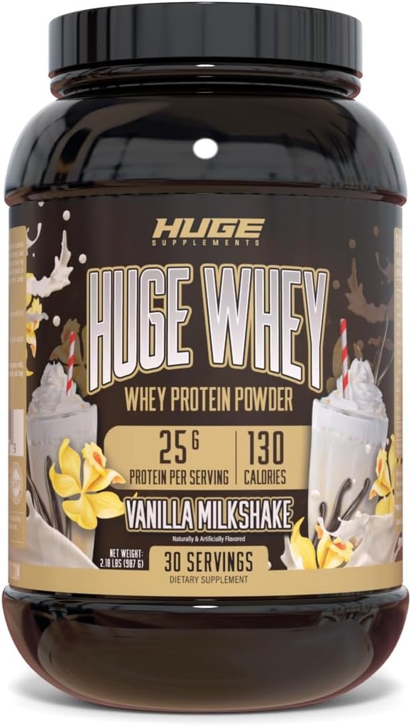 Huge Whey, Protein Powder for Muscle Gain, 25g Protein, 12g EAAs, soporta el crecimiento muscular, rendimiento &amp; recuperación (Vanilla Milkshake, 30 Servimientos)