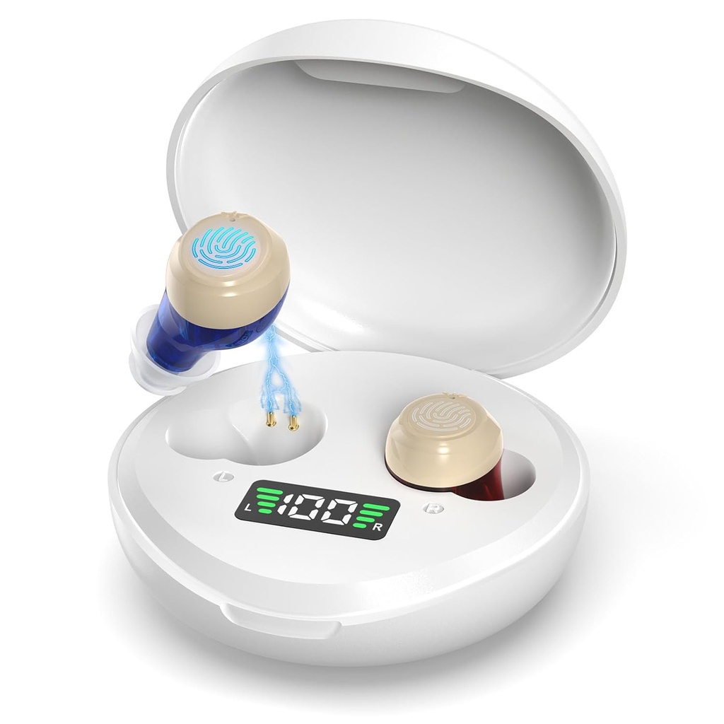 Ayudas de oído para personas mayores, ayudas recargables de oído con pantalla digital, ayudas de Audición portátiles con cancelación de ruido, amplificador de Audición Mini mejorado para pérdida de Audición Personal (White)