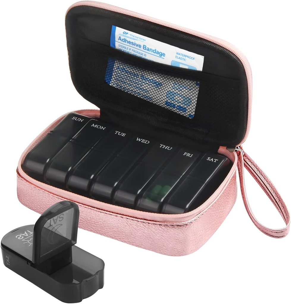 PU semanal Pill Bag Organizador Caso 2 veces al día, AM Caja de Píldora diaria para mantener la vitamina, aceite de pescado, suplementos y medicina (Pink)