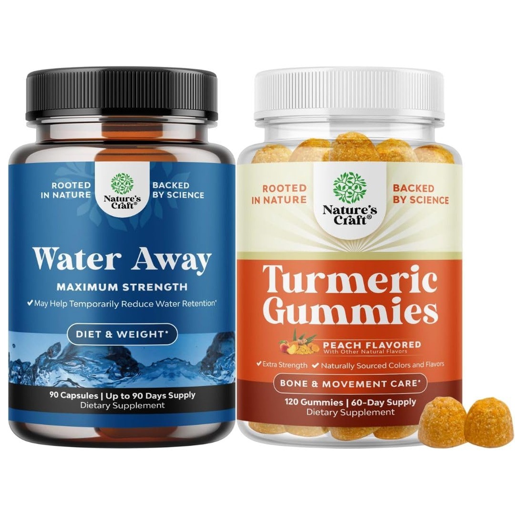 Bundle of Water Away Fluid Retention with Dandelion Leaf Extract " Green Tea for Bloating Relief and Turmeric Gummies for Adults Peach Flavor - Turmeric Curcumin with Black Pepper Extract and Ginger
