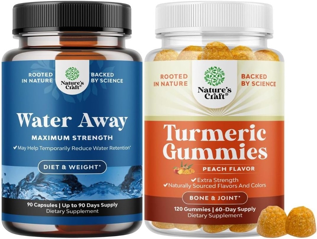 Bundle of Water Away Fluid Retention with Dandelion Leaf Extract " Green Tea for Bloating Relief and Turmeric Gummies for Adults Peach Flavor - Turmeric Curcumin with Black Pepper Extract and Ginger