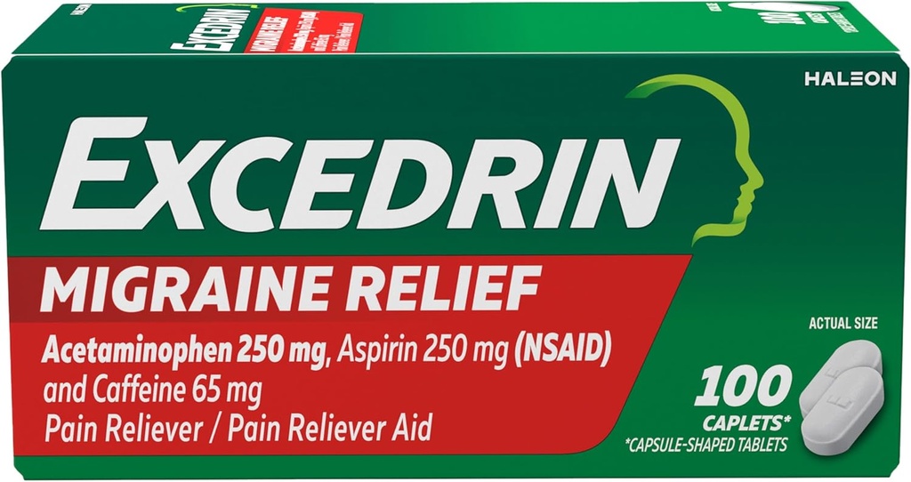 Excedrin Migraine Relief Caplets for Migraine Symptom, Acetaminophen 250mg, Aspirin 250mg, Caffeine 65mg, Doin Reliever, 100 Count