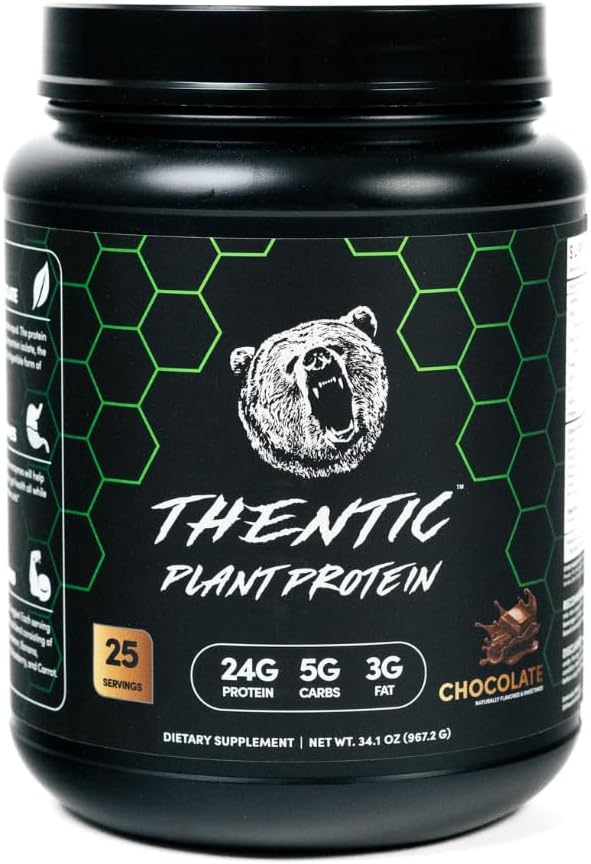 Pólvora de proteína basada en plantas THENTIC - Proteína vegetariana no láctea, Ingredientes artificiales cero,Soy & Gluten libre,Sugar no añadido,5.8g BCAA, Enzimas digestivas, Superalimentos orgánicos.25 Serviciones (Chocolate) 2.1lb