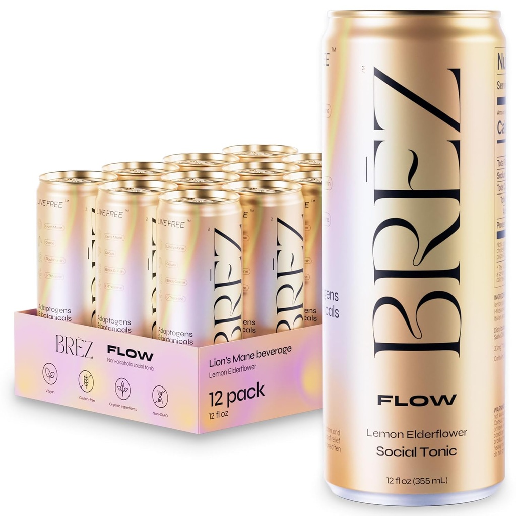 BREZ FLOW Bebida de Mushroom Mane Lion, 12-Pack, no utilizada, adaptógenos, alivio, elevación y social, Sparkling Lemon Elderflower Tonic 12 Fl oz