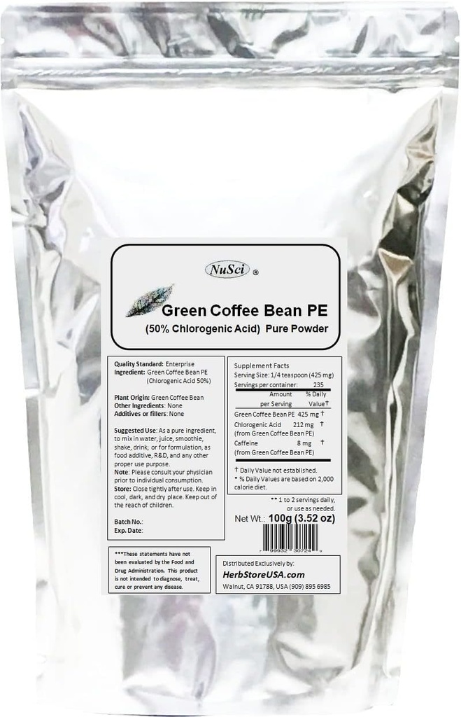 Pólvora de grano de café verde, ácido clorogénico estandarizado 50% (100 gramos (3,52 oz))