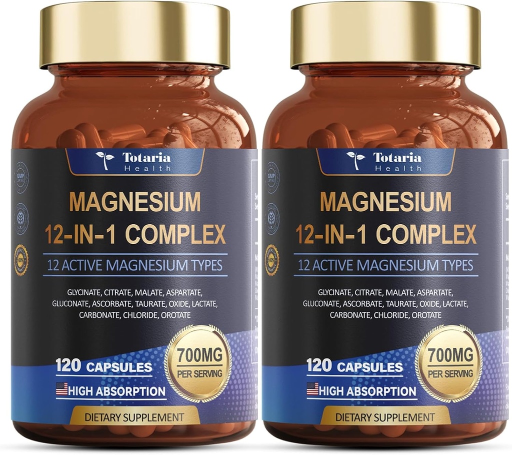 Complejo de Magnesio 700mg 12 en 1 Suplemento de Magnesio con Citrato Glycinado Oxido Malato Taurate Aspartate Orotate Magnesium Relaxation,Muscle,Heart Support, Vegan 120 Capsules 2PK
