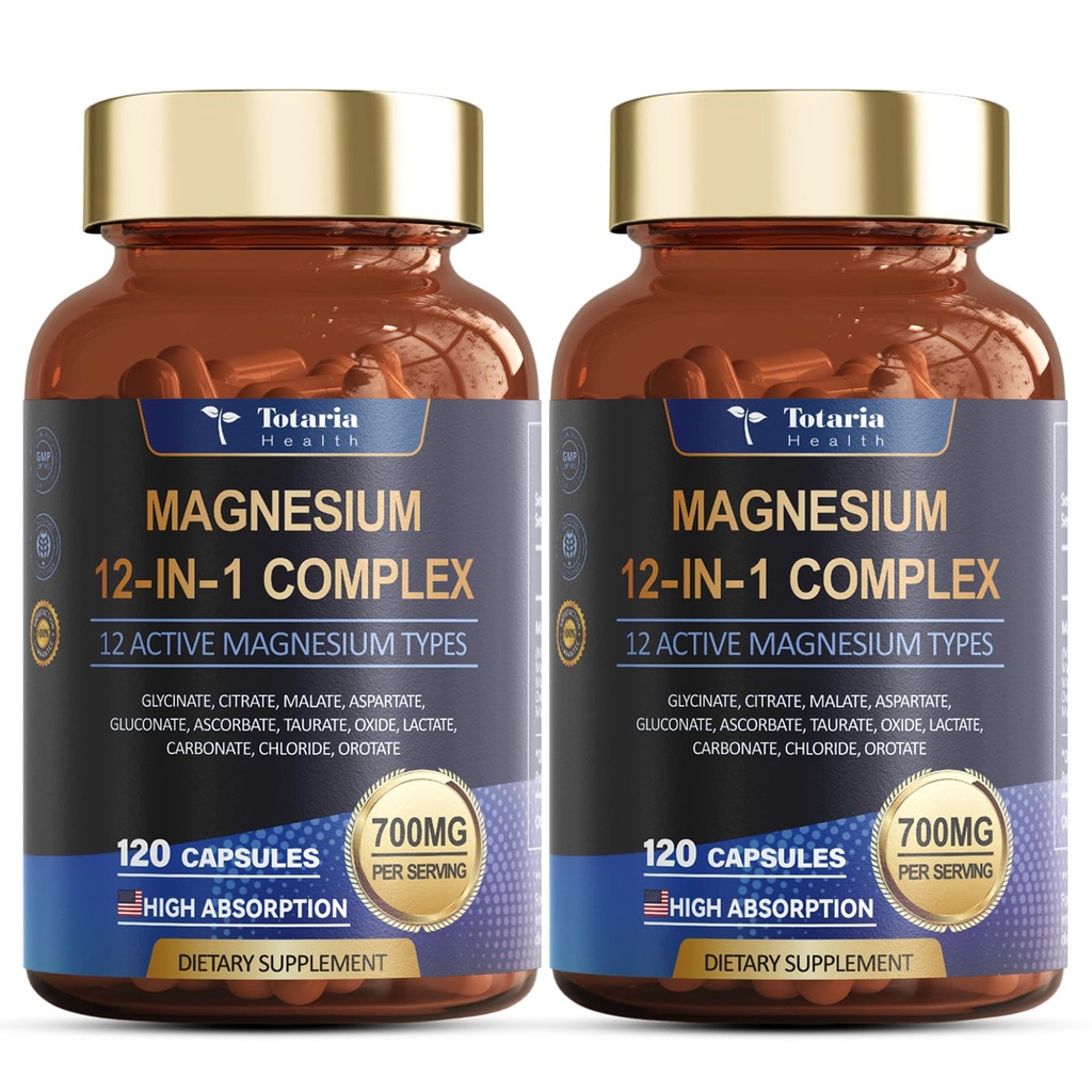 Complejo de Magnesio 700mg 12 en 1 Suplemento de Magnesio con Citrato Glycinado Oxido Malato Taurate Aspartate Orotate Magnesium Relaxation,Muscle,Heart Support, Vegan 120 Capsules 2PK
