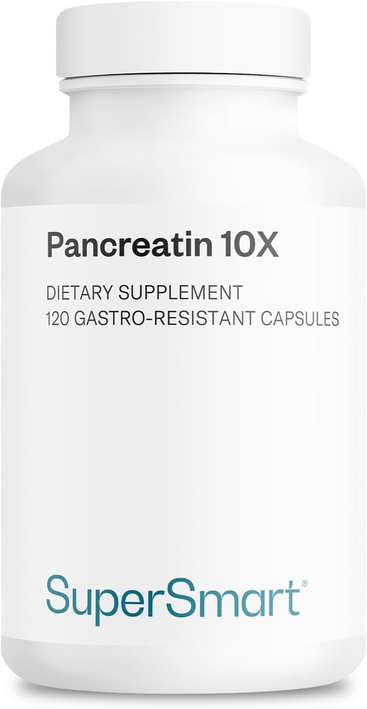 Supersmart - Pancreatin 10X 4000 por día (Extra fuerza) - Suplemento de Enzimas Digestivos - con Protease, Lipase, Amylase, Trypsin - Healthy Digestion Support latitud No GMO &amp; Gluten Gratis - 120 cápsulas DR