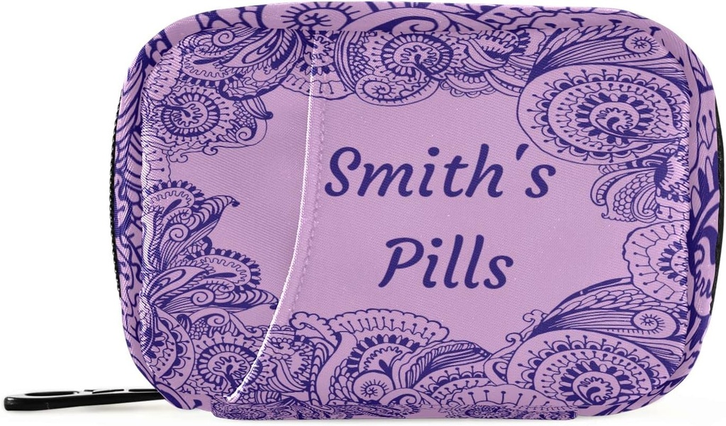 Caja de píldoras personalizada 7 días Pill Case Bag Purple Floral Paisley Nombre personalizado Travel Pill Organizer Bag with Zipper Portable Weekly Case Compact Size for Vitamin Supplement Holder