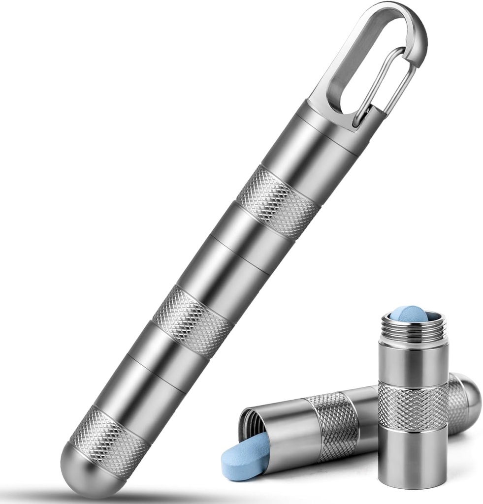 TISUR Caja pequeña de titanio,Keychain Pill Holder, Portable Pill Box Container,Travel Pill Organizer Waterproof Metal Pill Fob Bottle,Compartimiento extraíble (Gray Titanium Large -3.26 pulgadas)