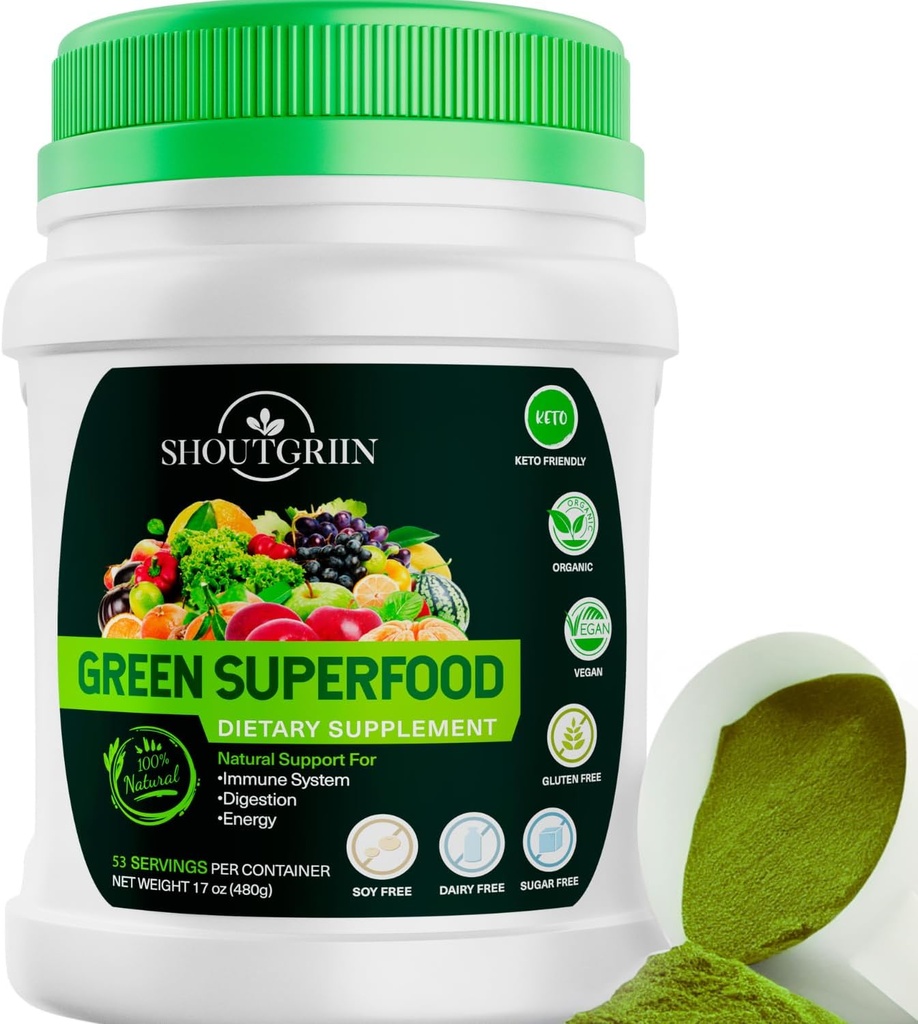 Green Superfood Powder – Organic Super Greens Drink for Bloating, Energy " Digestion – Daily Vegan Detox Supplement with Spirulina, Chlorella, Prebiotics – 53 Servings