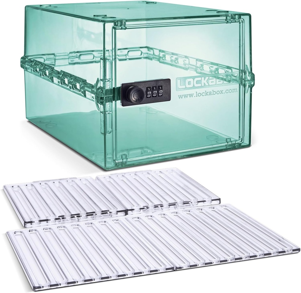 Lockabox OneTM Light Medi Green &amp; Shelf Pack Bundle ← Caja de bloqueo para alimentos, medicamentos, tecnología y seguridad en el hogar con estantes extraíbles y complementos de base