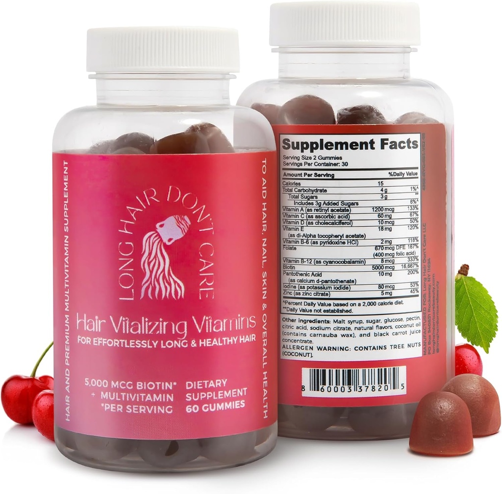 Pelo largo No te preocupes por el cabello Vitalizando vitaminas, Piel de pelo y uñas Vitaminas, Vitaminas para Mujeres y Hombres, Ácido Pantoténico, Ácido Fólico " Gummies de Biotina, Vitaminas de Pelo No GMO, 60 Vitaminas Gummy