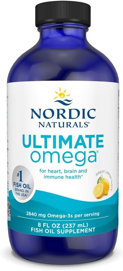 Nordic Naturals Ultimate Omega Liquid, Lemon Flavor - 8 oz - 2840 mg Omega-3 - High-Potency Fish Oil Suplemento con EPA & DHA - Promociona Brain & Heart Health - Non-GMO - 48 Servings