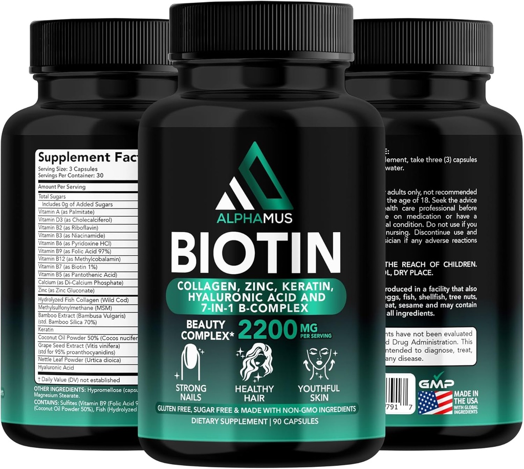 Suplementos de biotina y colágeno con queratina - Biotina 5000mcg cápsulas para el crecimiento del cabello, piel sana " uñas - optimizado mezcla de ácido hialurónico " Complejo vitamina-B para hombres de mujeres, 90 cápsulas