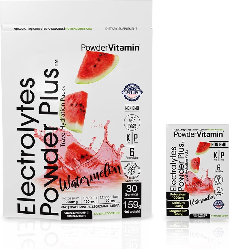 PowderVitamin Electrolytes Powder Plus, Keto, Watermelon, Sugar Gratis, 1000 mg de Potasio, 120 mg de Calcio, 120 mg de Magnesio, No GMO, Cero calorías, 30 paquetes de hidratación