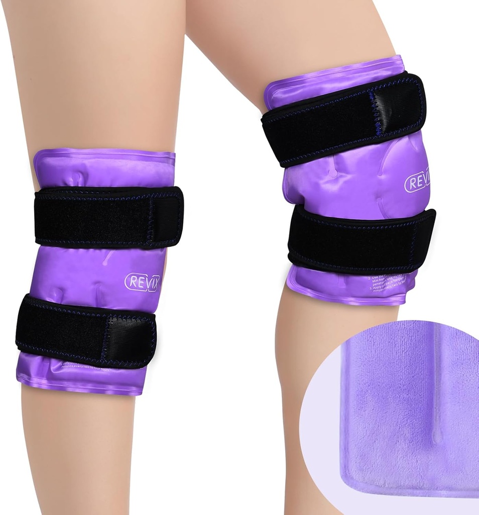 REVIX Reusable Knee Ice Pack Wrap para la recuperación posterior al entrenamiento, Gel Ice Pack Knee con la terapia de compresión fría, cubierta Soft Plush y aplicación sin manos, un conjunto de dos