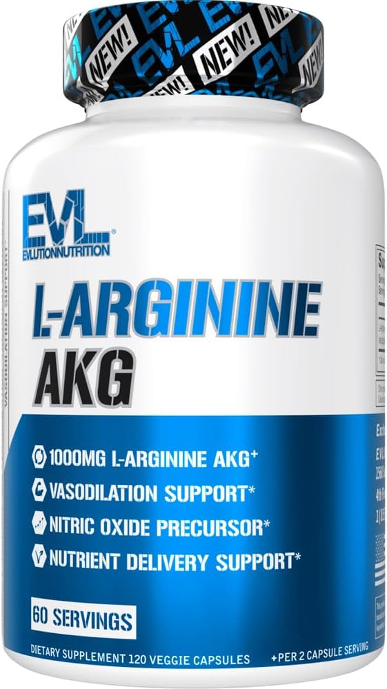 Evlution L-Arginine AKG - Vasodilation " Nutrient Delivery Support - Nitric Oxide Precursor - 1000mg L-Arginine AKG - Gluten Free " Non-GMO - Suplemento dietético - 60 Servings - 120 Veggie Capsules