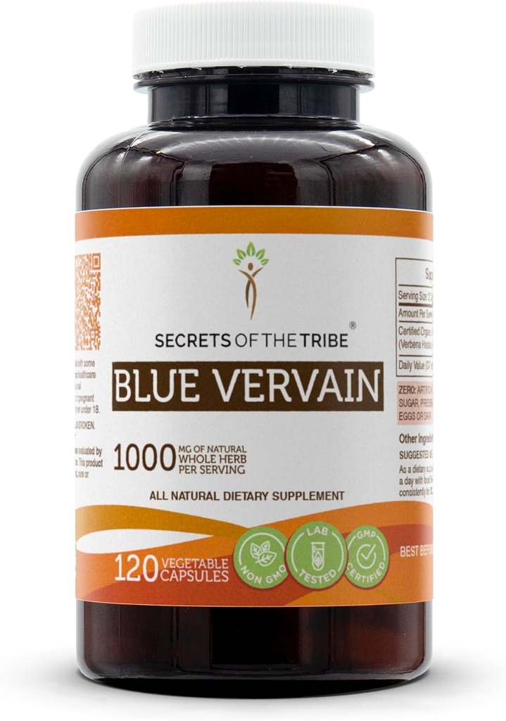 Secretos de la Tribu Azul Vervain 120 Capsules, 1000 mg, Azul Vervain (Verbena Hastata) Herb seco (120 cápsulas)