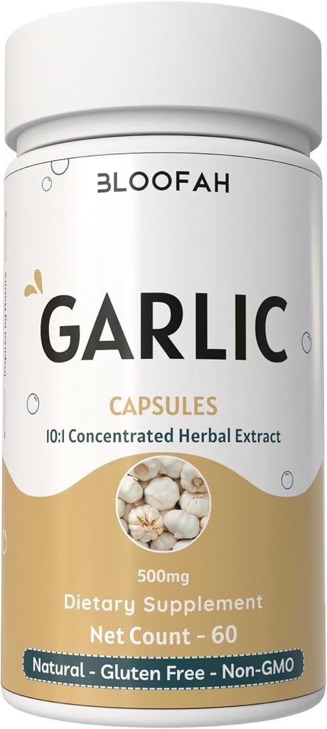 Garlic Capsules 500mg | Concentration of 10:1 Extract Powder |Allium sativum Herbal Supplement | Natural, Non-GMO, Gluten-Free, No Artificial Additives (60 Count (Pack of 1))
