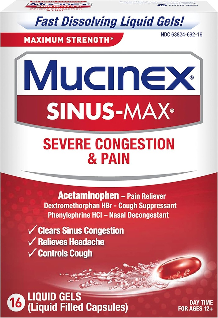 Mucinex Sinus-Max Max Strength Severe Congestion & Doin Líquido Gels, 16ct