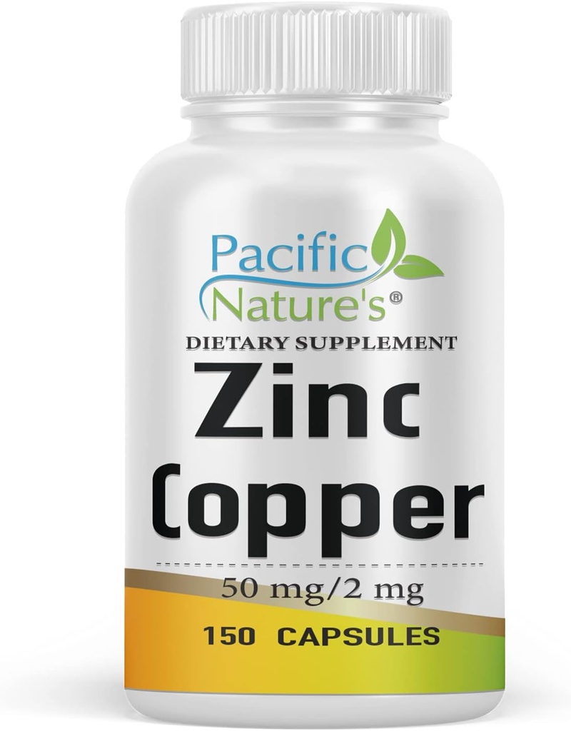 PACIFIC NATURE'S Zinc Copper Suplemento (150 cápsulas) con 50 mg de Zinc Gluconate, 2 mg de Cobre Sulfato para Immune Support - Gluten Free, Non-GMO