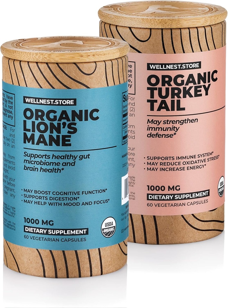 Wellnest.Store Lion’s Mane (60ct) + Turkey Tail (60ct) Capsules Bundle