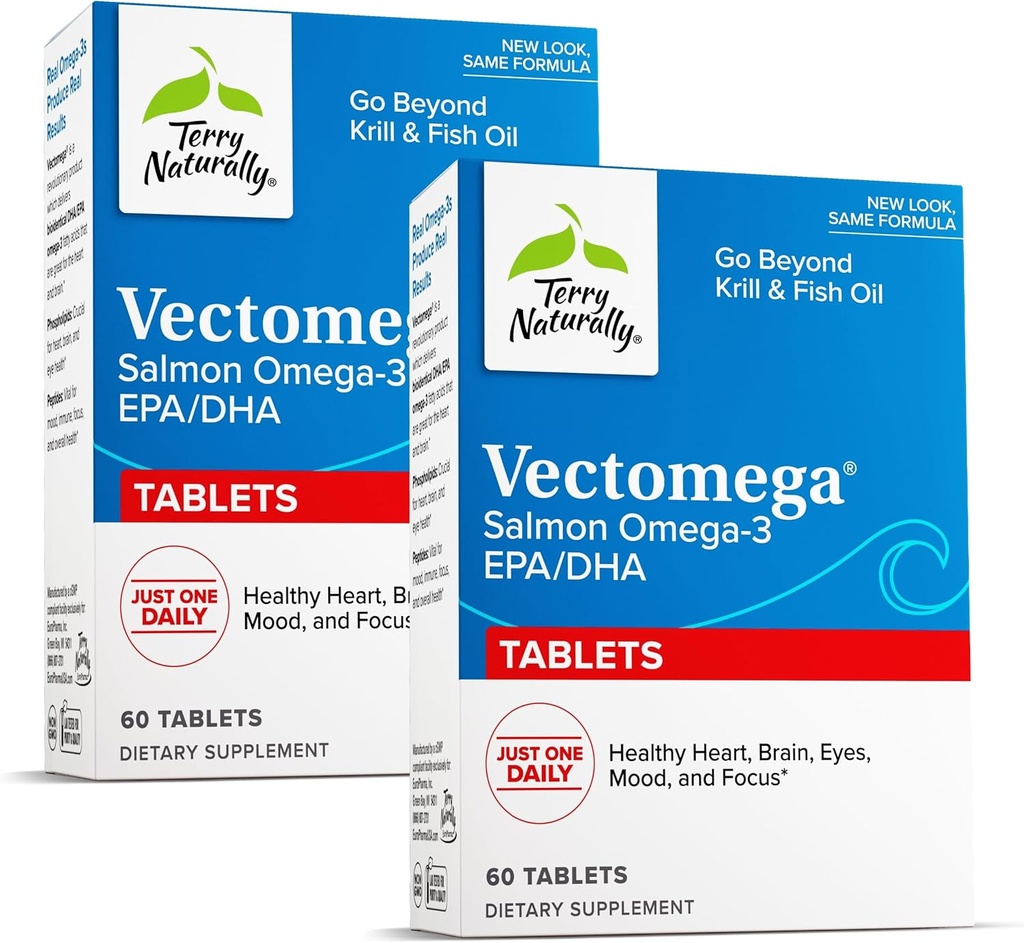 Terry Naturalmente Vectomega - Suplemento con EPA &amp; DHA - Omega-3 Tabletas para Cerebro &amp; Heart Health Support - Suplemento nutricional con ácidos grasos esenciales " Peptides - 60 Tablets (Pack of 2)