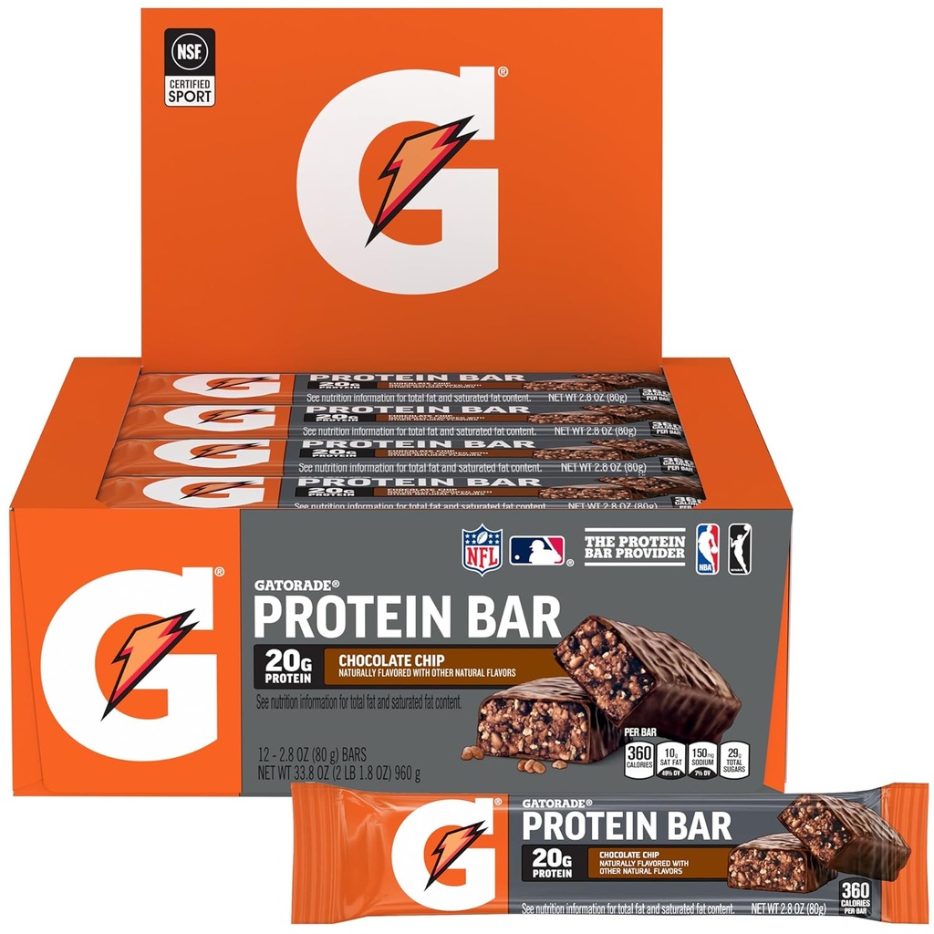 Gatorade Whey Protein Recover Bares, Chocolate Chip, 2.8 onzas(Pack of 12)