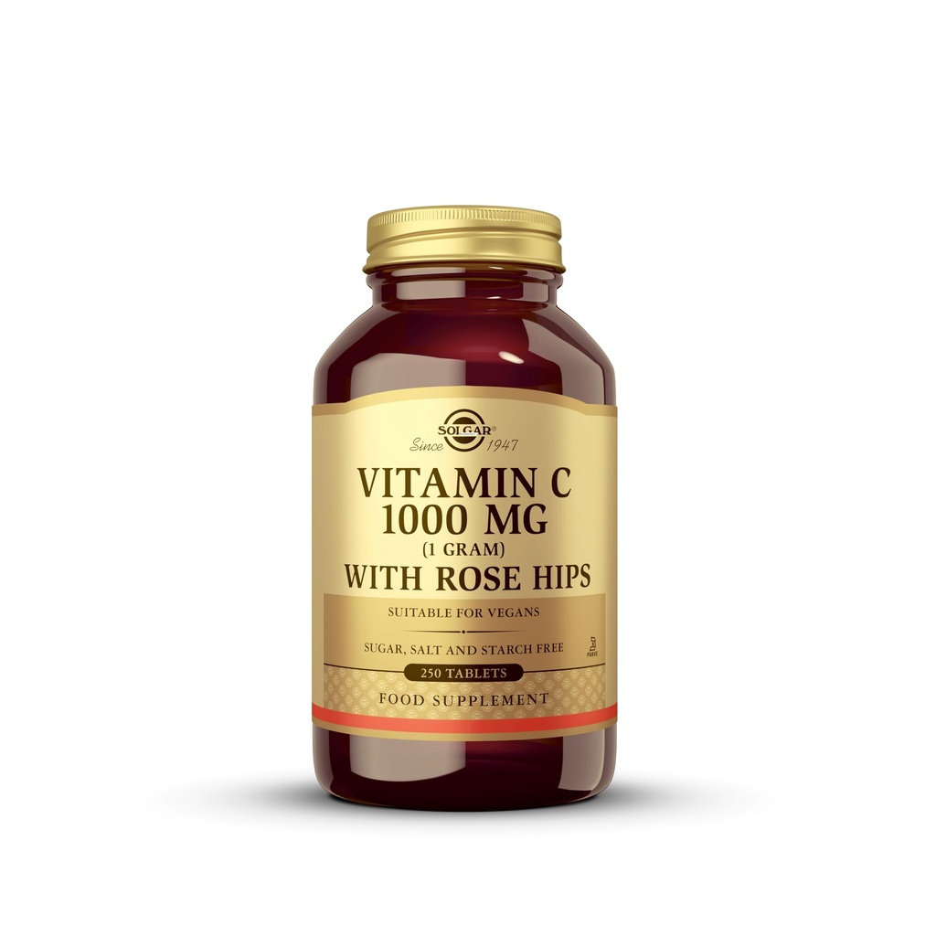 Solgar Vitamina C 1000 mg con Rose Hips, 250 Tablets - Antioxidante &amp; Immune Support - Salud general - Soportes Esquí saludable &amp; Juntas - No GMO, Vegan, Gluten Gratis, Dairy Free, Kosher - 250 Servings