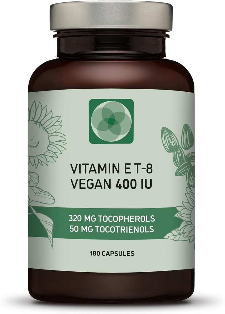 Vitamina E - All 8 Tocopherols + Tocotrienol 400 IU Vegan - Alpha Tocopherol/Tocotrienol + Beta Tocopherol/Tocotrienol + Gamma Tocopherol/Tocotrienol + Delta Tocopherol/Tocotrienol (180)