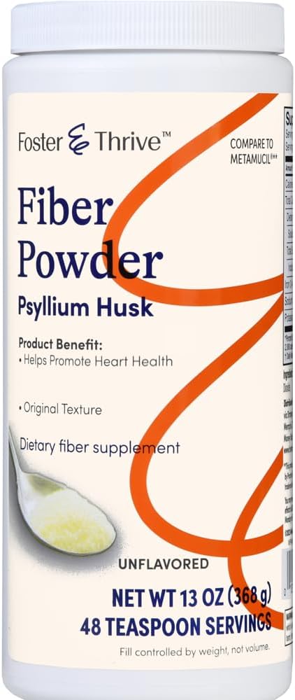 Foster & Thrive Daily Psyllium Husk Powder Supplement, 4-in-1 Fiber for Digestive Health Laxative, Relieves Occasional Constipation, Sweetened w/Real Sugar, Original Flavor, 48 Doses
