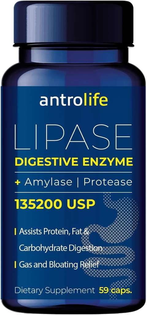 ANTROLIFE Salud Digestiva Suplemento - Enzimas con Lipase Suplementos Nutricionales &amp; Aplausos para Confort Digestivo - Suplemento dietético - 59 cápsulas