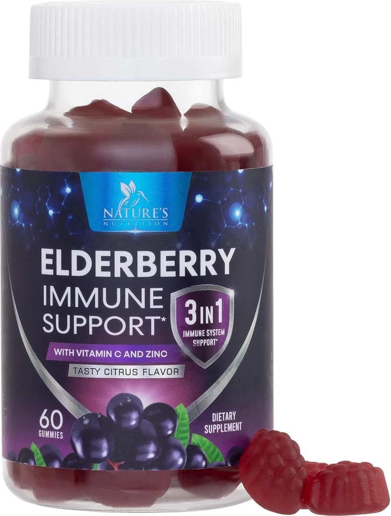 Gummies de arándano con vitamina C, D3 y zinc - Immune Support Gummy for Kids &amp; Adults, Black Elderberry Extract Gummy Immune Health Support Suplemento, Black Elder Berry Vitamin - 60 Gummies