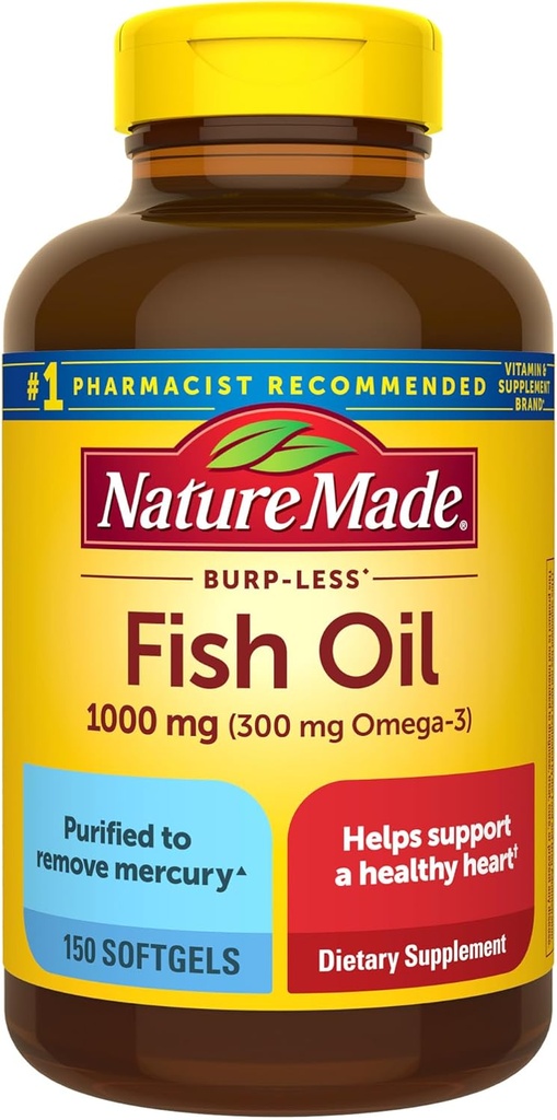 Nature Made Burp Less Fish Oil Omega 3 Suplementos, 1000mg Softgels, Omega 3 Suplementos de aceite de pescado para el corazón saludable, 150 Softgels, 75 Day Supply