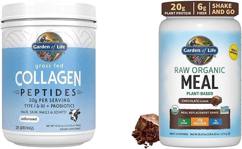 Garden of Life Grass Fed Hydrolyzed Collagen Protein Suplementos Peptides Powder, 19.75 Oz & Tasty Organic Chocolate Meal Replacement Shake Vegan 20g