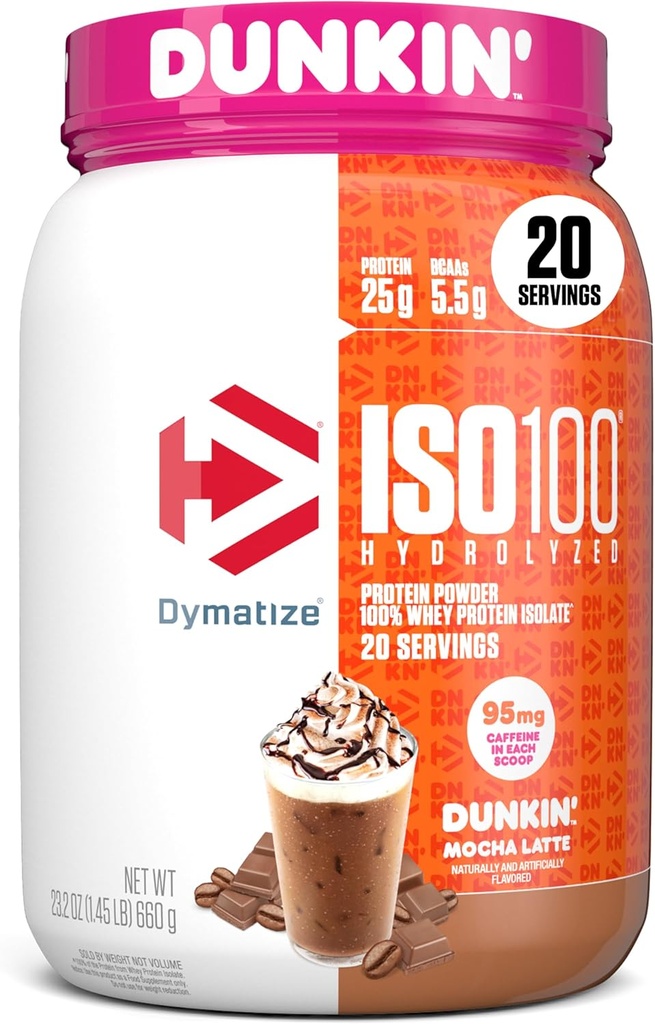Dymatize x Dunkin' Mocha Latte ISO100 Whey Protein Powder, 95mg Caffeine, 25g de Protein, 5.5g BCAAs, 120 Cal., Gluten Free, 1g Fat, 1g Sugar, 3g Carb (20 Servings)