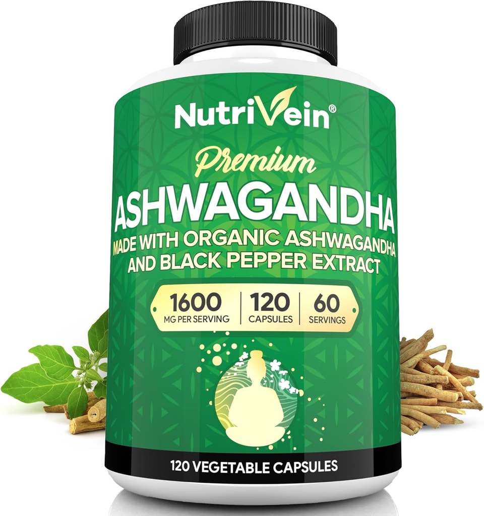 Nutrivein Ashwagandha for Men ' Women - 1600mg - Mejorado con el Pepper Negro - Alto-Absorption Root Powder Ashwagandha Suplementos para Mood Balance, Descanso sueño, " Focus - 120 cápsulas Vegan