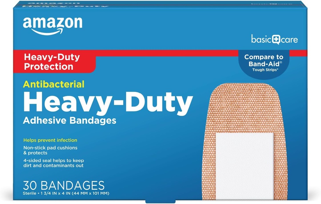 Cuidado básico Tejido pesado Adhesivo Bandages, Tough & Flexible Cushion de Pad no-Stick, 1,75 x 4 pulgadas (30 conteo)