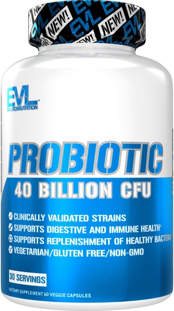 Evlution Nutrition Probiotic - 40 Billion CFU - Supports Digestive + Immune Health - Suplemento Probiótico para Hombres y Mujeres - Vegetariano, Gluten Gratis &amp; No GMO - 30 Servings - 60 Veggie Capsules