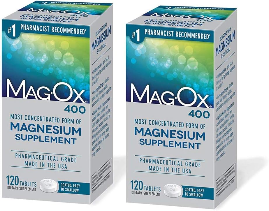 Mag-Ox 400 Suplemento dietético de magnesio, 483 mg Oxido de magnesio, Grado farmacéutico, 120 Conde, (Pack de 2)